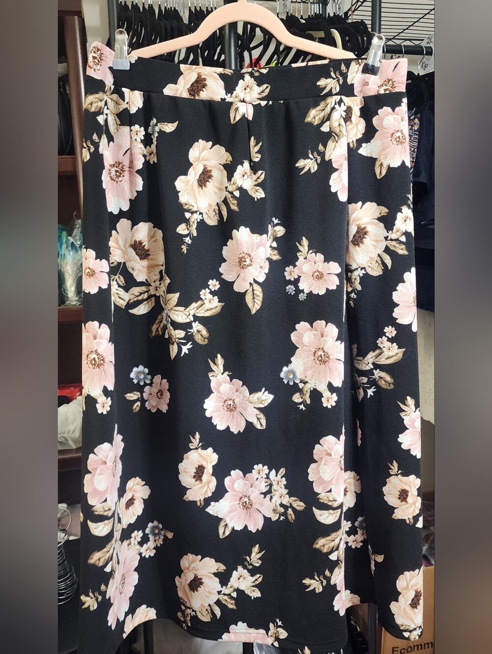 SHEIN Black Floral Midi Skirt with Pink & Cream Flowers